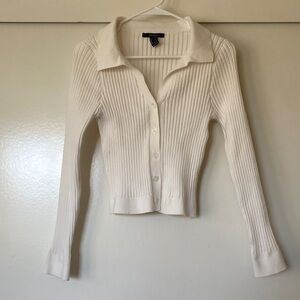 White Ribbed Collared Button-Up Cardigan